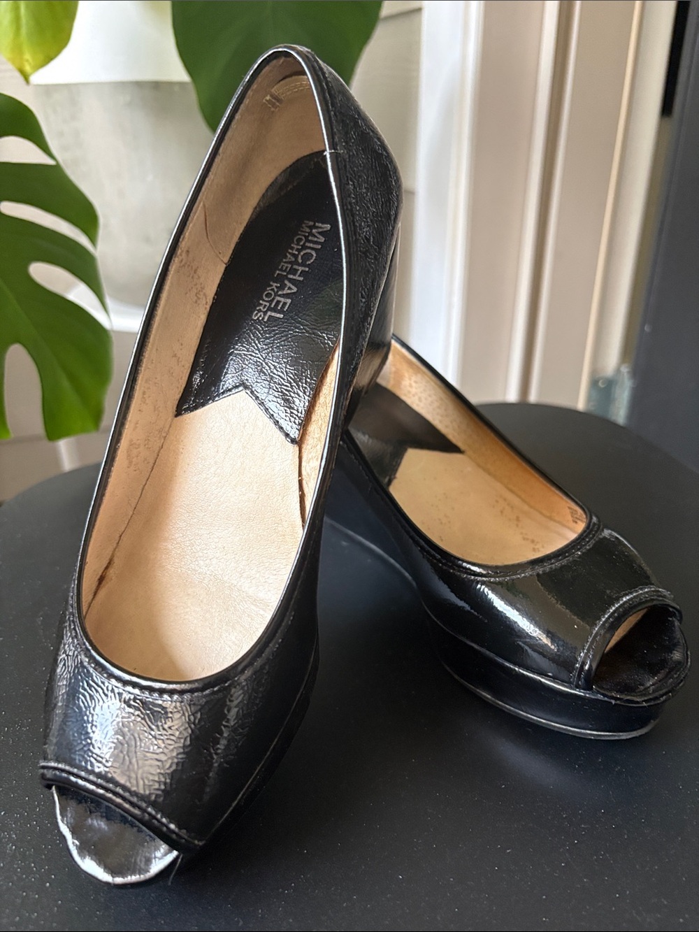 Michael Kors Peep-Toe Wedges, Patent Leather, Black, Size 8